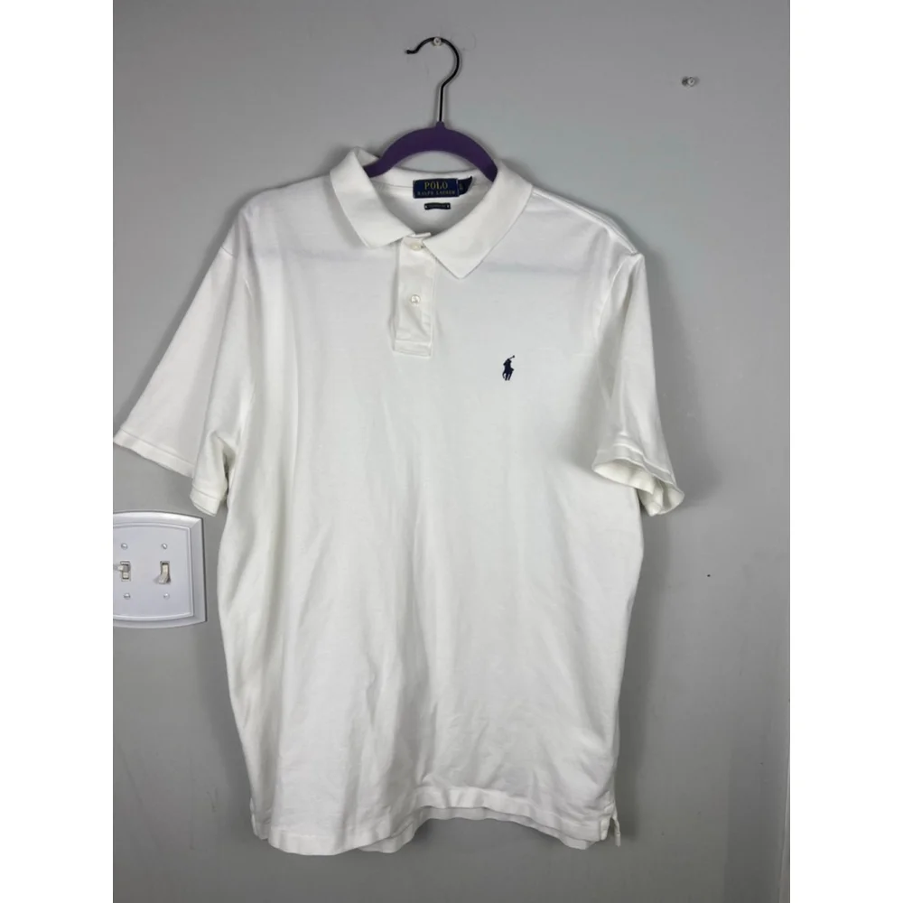 Men's Ralph Lauren Polo Shirt XL White with Navy Blue Logo Classic Preppy Resort